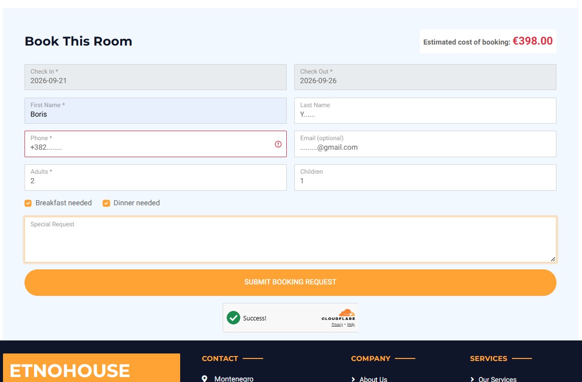 Example of a direct booking page